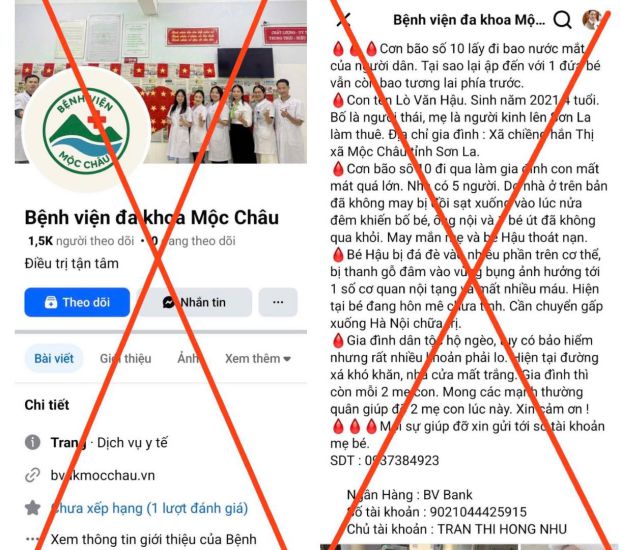 Fanpage giả mạo bệnh viện. Ảnh: Hương Nha