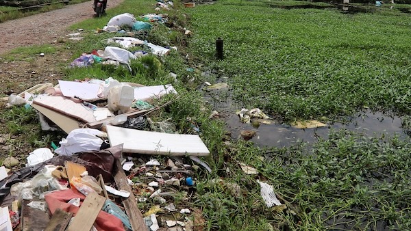 野菜畑がゴミで覆われ、食品安全のリスク.