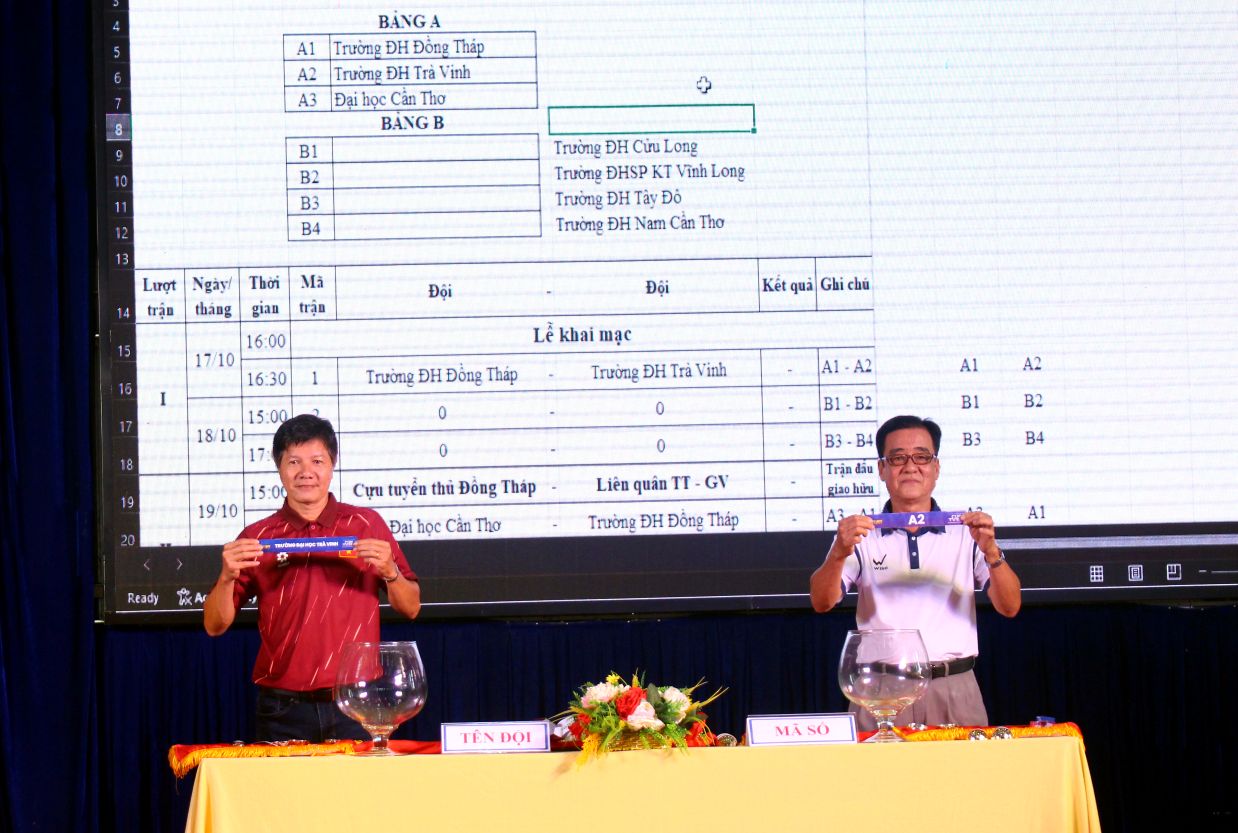 Ong Huynh Quoc Cuong - cuu tuyen thu quoc gia (trai anh) va ong Vuong Thanh Trung -  Tong thu ky Lien doan bong da tinh Dong Thap thuc hien nghi thuc boc tham chia bang thi dau. Anh: Lam Dien