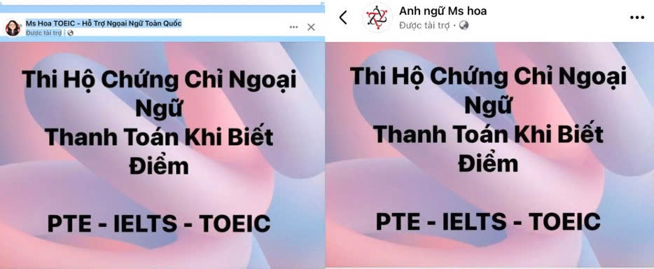 Ngoai viec quang cao goi on thi, luyen thi, tren mang xa hoi, cac hoi nhom, xuat hien quang cao ram ro ve viec ho tro thi ho chung chi tieng Anh IELTS, TOEIC, VSTEP… Anh: Phong vien