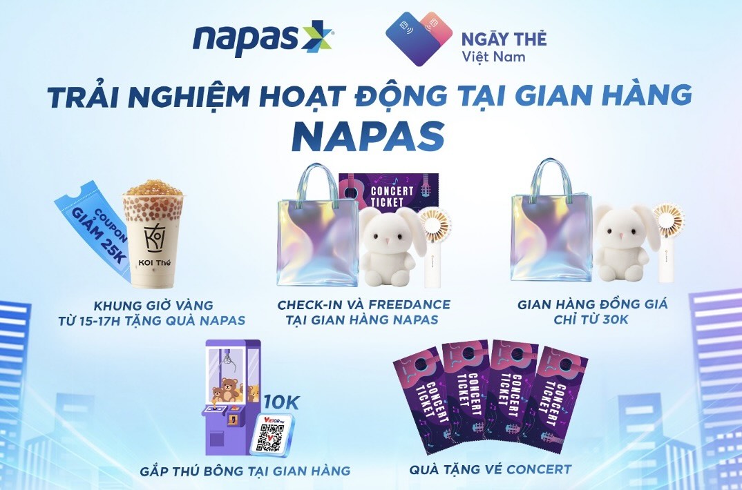 Trong khuon kho Song Festival - Ngay The Viet Nam 2025 dien ra trong hai ngay 18–19.10 tai SVD Dai hoc Bach khoa Ha Noi, gian hang NAPAS tiep tuc la tam diem soi dong cua le hoi voi hang loat hoat dong tuong tac, trai nghiem cong nghe thanh toan hien dai va chuong trinh qua tang hap dan.