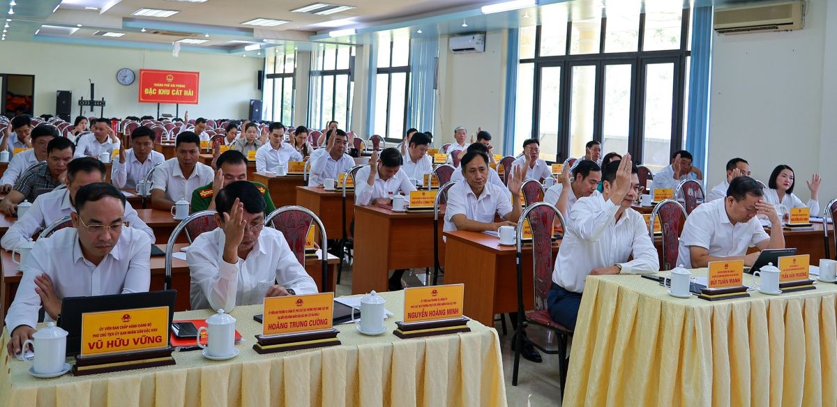 代表者らは会議決議を可決することに投票した。写真：カットハイ特区情報ポータル、ハイフォン