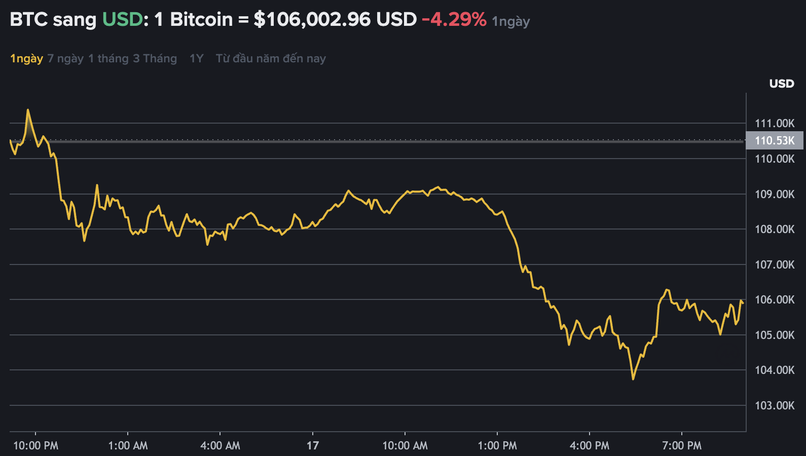 Du lieu tren Binance - san giao dich tien ma hoa lon nhat the gioi cho thay gia Bitcoin lao doc, mat nguong gia 110.000 USD. Nguon: Binance.com