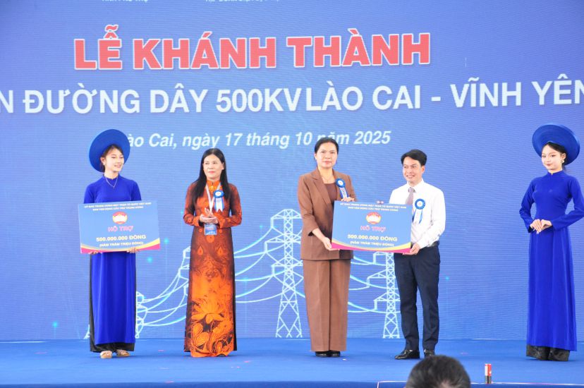 Uy vien Trung uong Dang, Uy vien Ban Thuong vu Dang uy Mat tran To quoc, cac doan the Trung uong, Pho Chu tich Uy ban Trung uong MTTQ Viet Nam Ha Thi Nga trao ho tro den cac don vi thi cong duong day 500kV. Anh: Dinh Dai