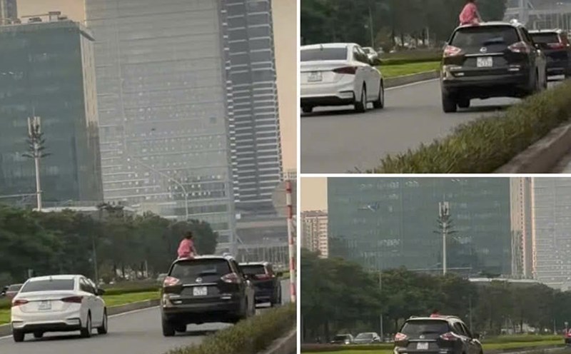 Image of a girl climbing onto the roof of a moving car. Photo: Hanoi Police