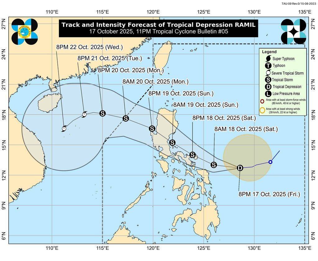 Pronostico de la trayectoria y la zona de influencia de la tormenta numero 12. Foto: PAGASA