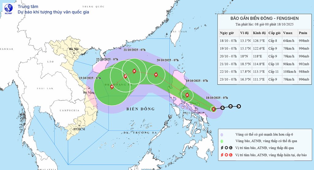 Pronostico del rumbo y la zona de influencia del tifon Fengshen potencial para convertirse en el tifon numero 12 en el Mar Oriental. Foto: NCHMF