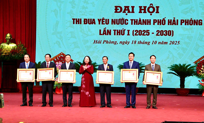 PCT nuoc Vo Thi Anh Xuan trao Huan chuong cho cac tap the, ca nhan. Anh: Minh Hung