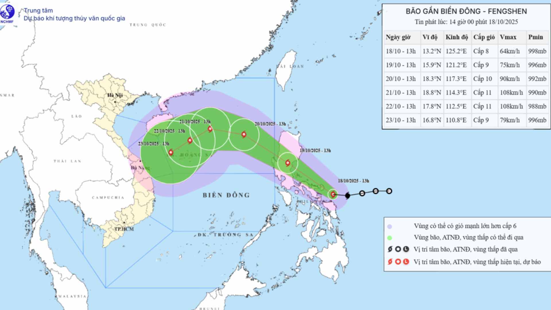 Updated location and path of storm Fengshen at 2:00 p.m. on October 18. Source: National Center for Hydro-Meteorological Forecasting