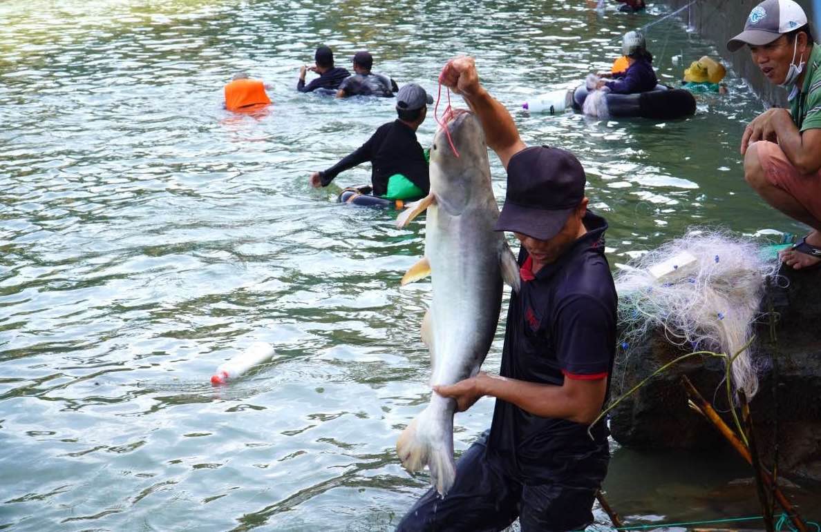 People fishing after Tri An hydropower plant closed the spillway. Documentary photo: HAC