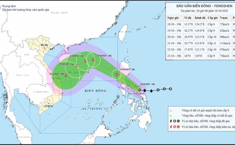 The East Sea is forecast to welcome storm No. 12 Fengshen in the next 24 hours. Updated location and path of storm Fengshen at 8:00 p.m. on October 18. Source: National Center for Hydro-Meteorological Forecasting