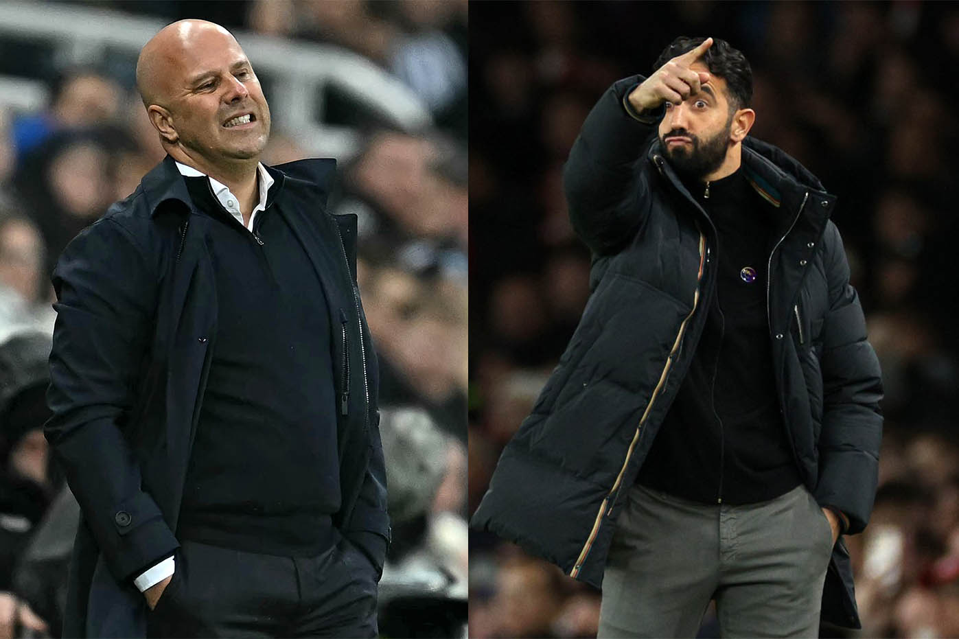 Arne Slot y Ruben Amorim caeran en una grave crisis si pierden el derbi de Inglaterra. Foto: AFP