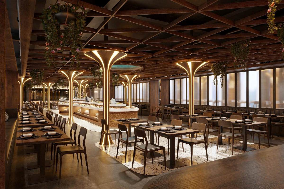 Het restaurant biedt plaats aan maximaal 550 gasten en serveert een eersteklas internationaal buffet met bijna 100 gerechten, van verse sashimi en eersteklas zeevruchten tot gerechten uit de Europese, Koreaanse, Japanse en Vietnamese keuken. Foto: Dolphin Ha Long Cruise