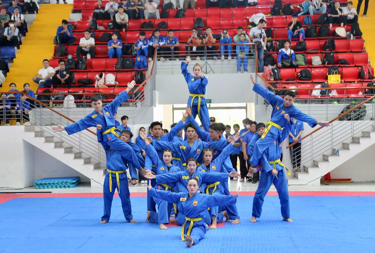 Giai vo dich Vovinam sinh vien toan quoc 2025 co cac noi dung thi quyen, doi khang va vo nhac. Anh: Le Giang