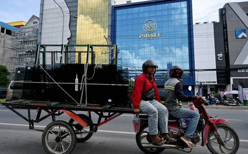 Outside a Prince Bank branch in Phnom Penh, Cambodia. Photo: AFP