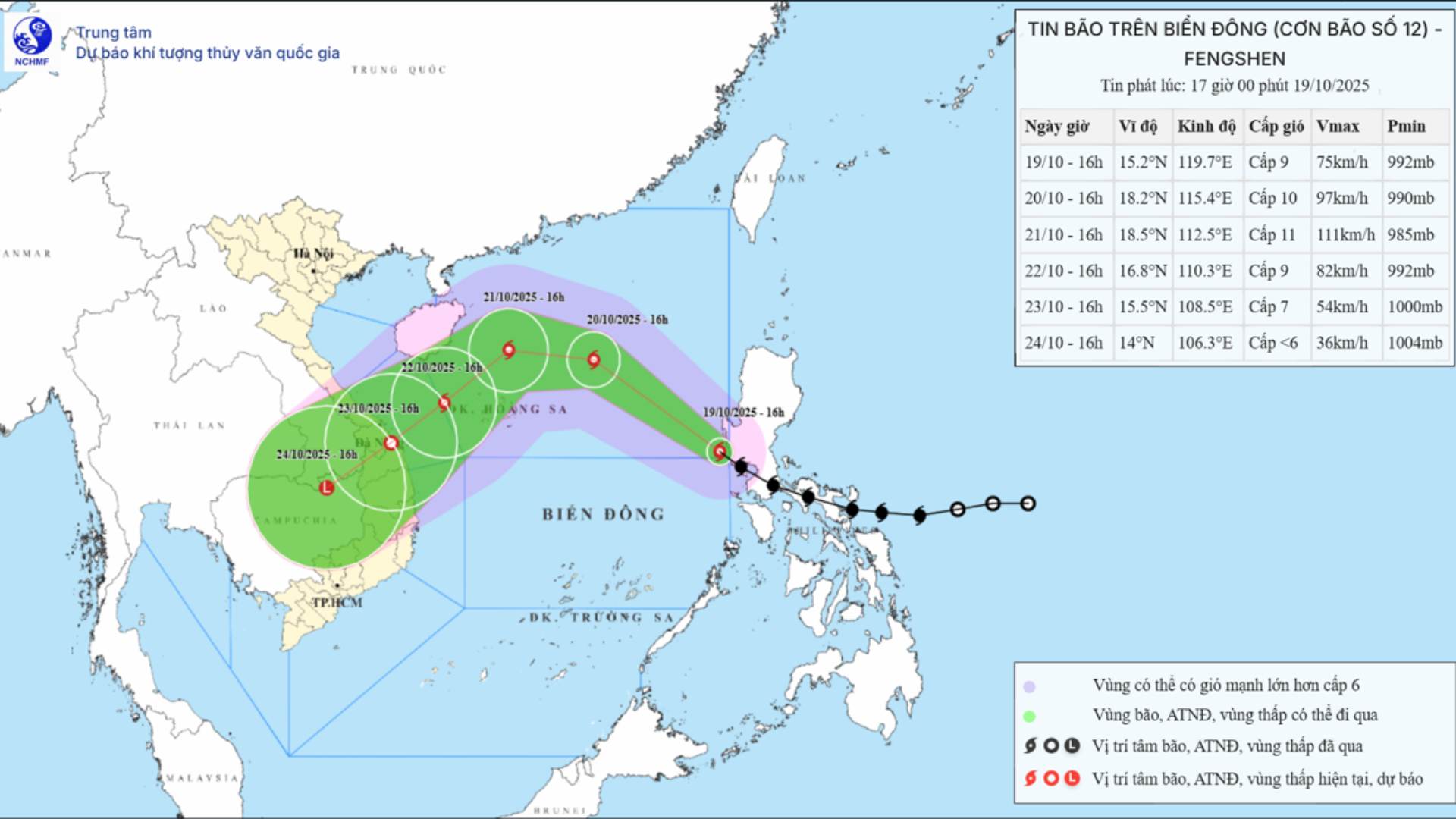 Updated location and path of storm No. 12 Fengshen at 5:00 p.m. on October 19. Source: National Center for Hydro-Meteorological Forecasting