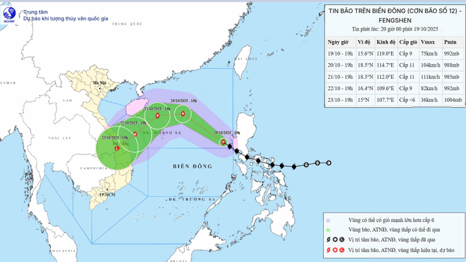 Updated location and path of storm No. 12 Fengshen at 8:00 p.m. on October 19. Source: National Center for Hydro-Meteorological Forecasting