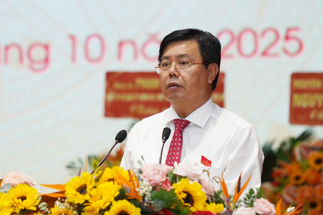 Uy vien Ban Chap hanh Trung uong Dang, Bi thu Tinh uy An Giang Nguyen Tien Hai phat bieu tai Dai hoi. Anh: BTC Dai hoi