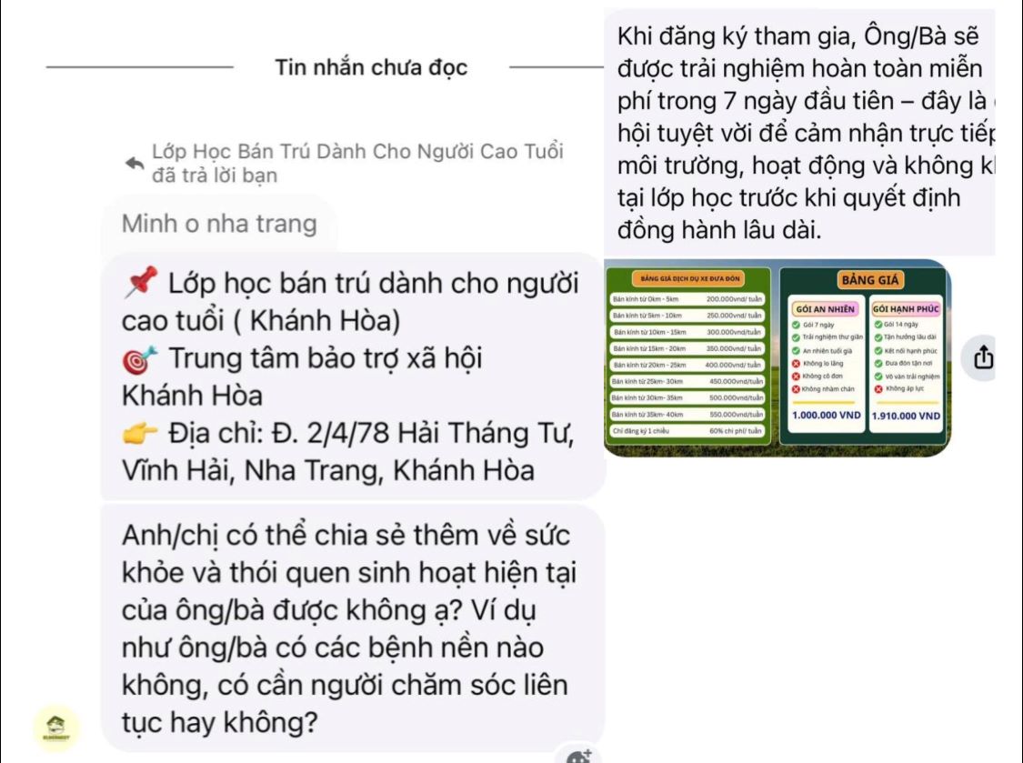 Trung tâm Bảo trợ xã hội và Công tác xã hội tỉnh Khánh Hòa không liên kết với đơn vị, cá nhân để thực hiện mở lớp học bán trú dành cho người cao tuổi trên trang mạng xã hội Facebook. Ảnh: Khánh Hòa