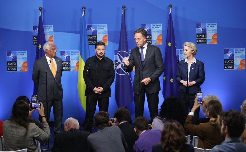Ukrainian President Volodymyr Zelensky and EU and NATO leaders at the NATO summit in the Netherlands on June 24, 2025. Photo: Xinhua