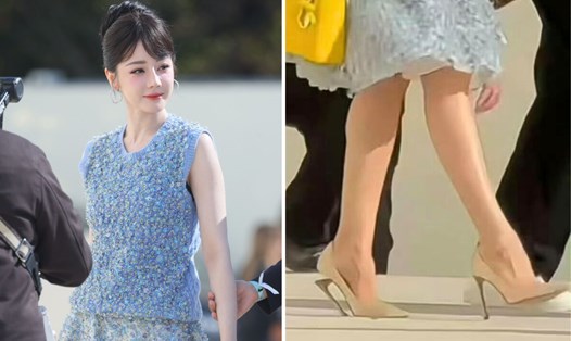 Địch Lệ Nhiệt Ba gặp sự cố gãy gót giày ở show Dior. Ảnh: cắt từ video