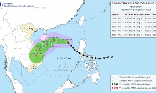 Cập nhật đường đi và vùng ảnh hưởng của bão số 12 Fengshen. Ảnh: NCHMF