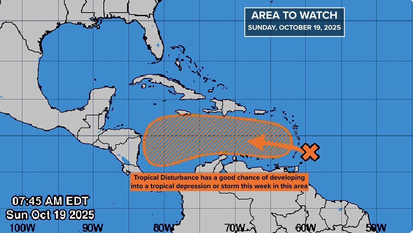 The low pressure is forecast to strengthen into a tropical depression this week and has the potential to become a storm Melissa. Photo: NOAA