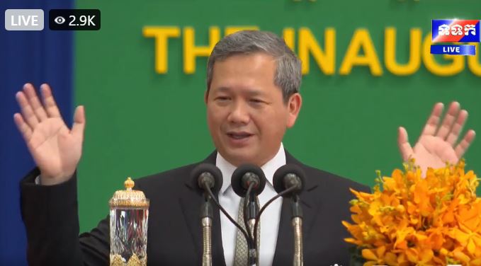 Thu tuong Campuchia Hun Manet phat bieu tai le khanh thanh. Anh cat tu truyen hinh truc tiep