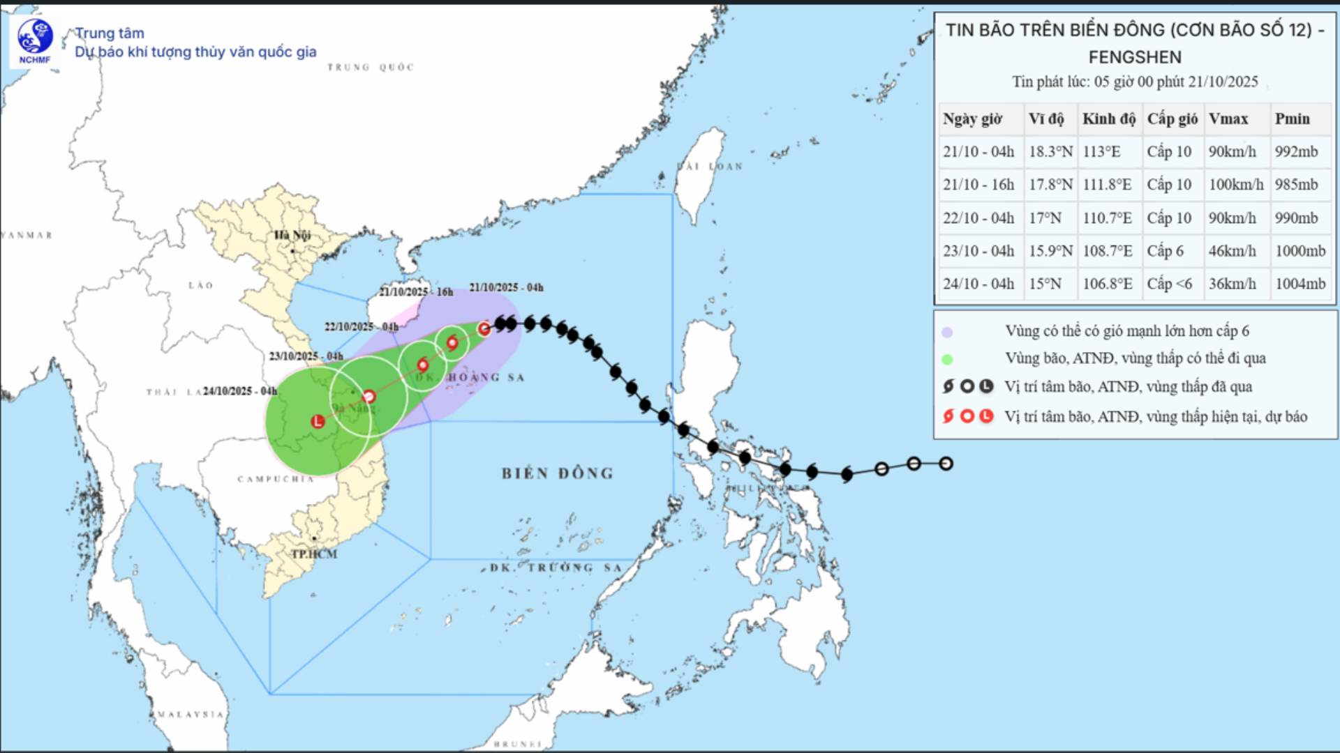 Oppdatert posisjon for storm nr. 12 Fengshen klokken 05.00 den 21. oktober. Kilde: Nasjonalt senter for hydrometeorologisk prognose