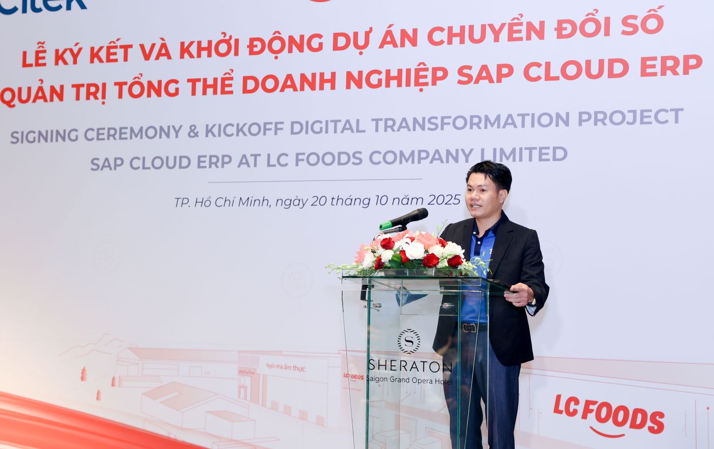 Ong Le Van Son – Pho tong giam doc thuong truc LC Foods phat bieu tai le ky ket va khoi dong du an Chuyen doi so quan tri tong the doanh nghiep SAP Cloud ERP tai TP.HCM ngay 20.10.2025