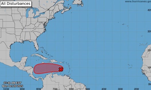 Vùng áp thấp dự báo mạnh lên thành bão số 13 Melissa ở Đại Tây Dương. Ảnh: NOAA