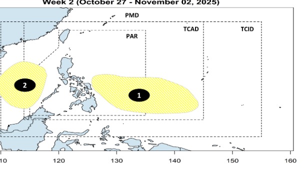 Forecast of 2 consecutive low pressure areas around the East Sea after storm No. 12 Fengshen. Photo: PAGASA