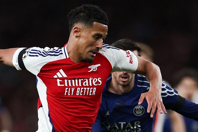 Saliba la tru cot noi hang thu cua Arsenal. Anh: AFP