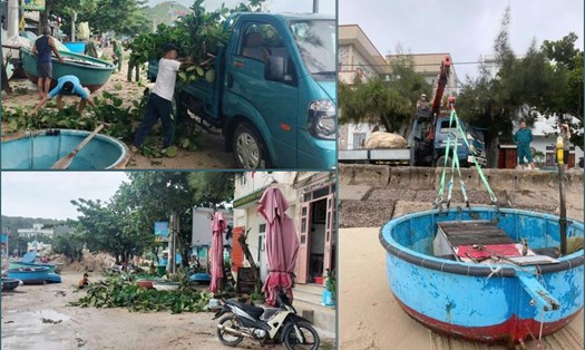 Chính quyền địa phương cùng người dân Gia Lai cắt tỉa cây xanh, di chuyển thuyền thúng, tàu cá vào nơi an toàn. Ảnh: Hoài Phương
