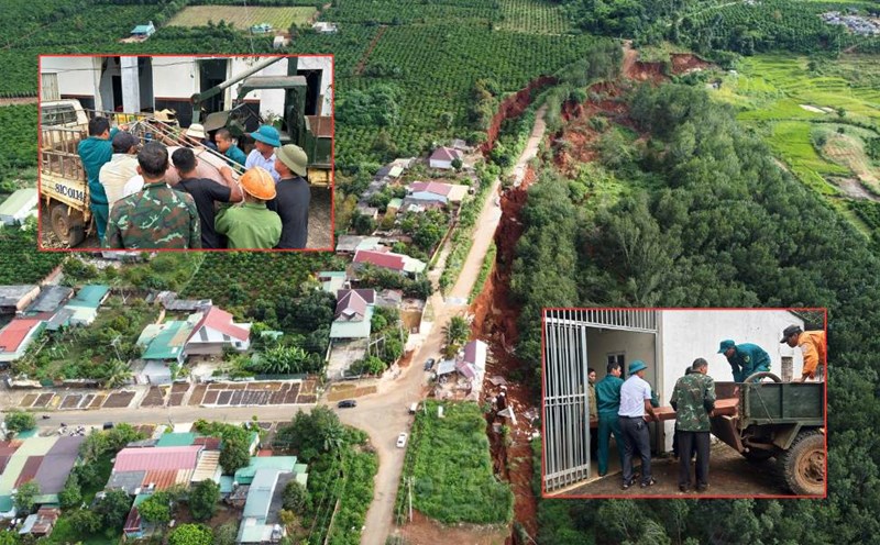 The road to Ia Ly 500kV Station continues to collapse, the Ia Ly commune government (Gia Lai) urgently supports people to evacuate from the danger zone. Photo: Hoai Phuong