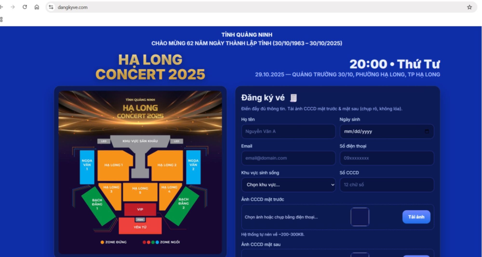 Giao dien trang web dang ky ve “Ha Long concert 2025” online.