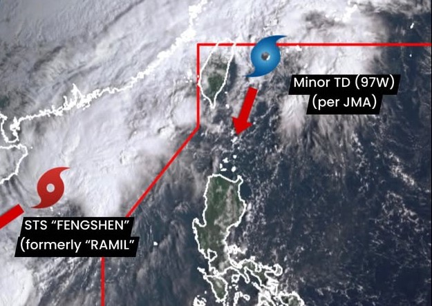 Tropical Depression 97W (right) could strengthen into Hurricane Salome, the next storm after Storm No. 12 Fengshen (left). Photo: Philippine Weather System/Pacific Storm Update
