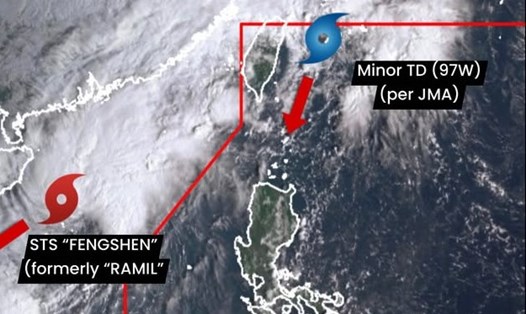 Áp thấp nhiệt đới 97W (phải) có thể mạnh lên thành bão Salome, cơn bão tiếp theo sau bão số 12 Fengshen (trái). Ảnh: Philippine Weather System/Pacific Storm Update