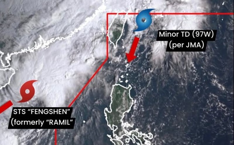 La depresion tropical 97W (derecha) podria fortalecerse hasta convertirse en la tormenta Salome la siguiente tormenta despues de la tormenta numero 12 Fengshen (izquierda). Foto: Philippine Weather System/Pacific Storm Update