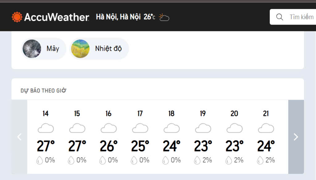Thoi tiet ban ngay hien co the dao dong tu 25 - 27 do C, thoi tiet ban dem dao dong tu 21 - 23 do C. Anh: AccuWeather.
