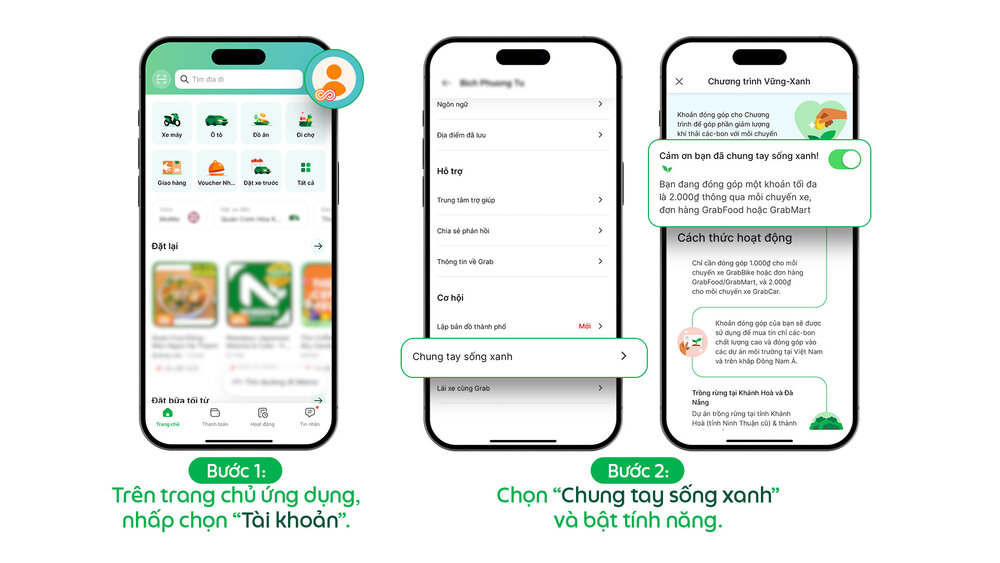 Huong dan lua chon tinh nang Chuong trinh Vung- Xanh tren ung dung Grab- Cach 1. Ảnh: Grab Viet Nam