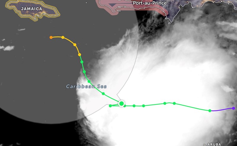 Ruta de la tormenta Melissa. Foto: Zoom Earth