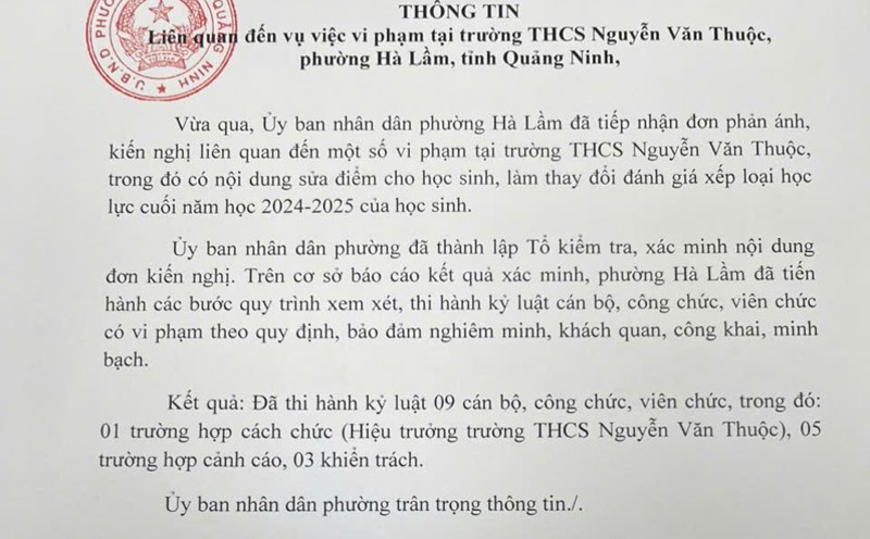 Ha Lam Ward People's Committee informs about handling the case of repair points