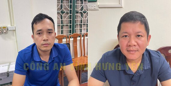 Đối tượng Đỗ Mạnh Đăng và Luyện Phúc Hưng tại Cơ quan điều tra. Ảnh: Công an tỉnh Hưng Yên