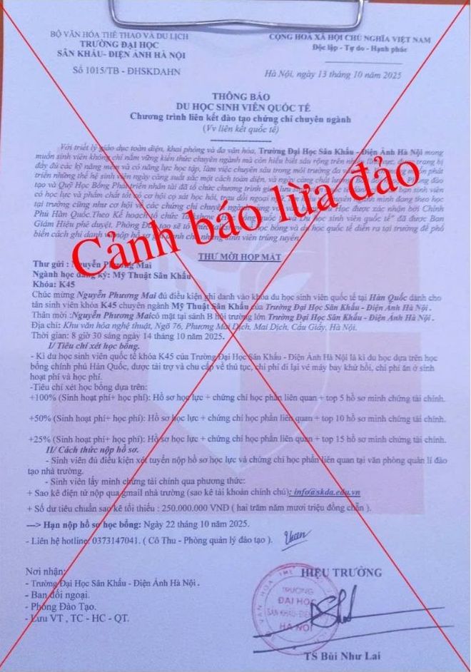 Truong Dai hoc San khau - Dien anh Ha Noi canh bao chieu tro gia mao “Thong bao du hoc quoc te” de lua dao sinh vien va phu huynh. Anh: Truong Dai hoc San khau - Dien anh Ha Noi