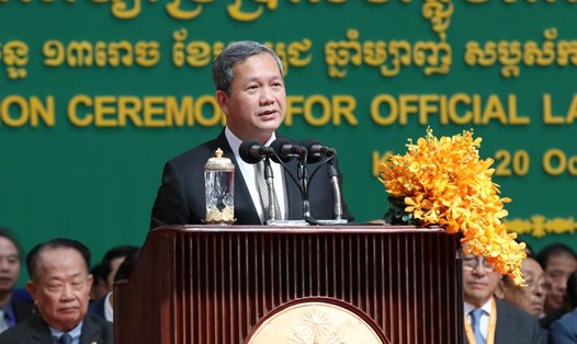 Thủ tướng Campuchia Hun Manet phát biểu tại lễ khánh thành Sân bay quốc tế Techo ở tỉnh Kandal, ngày 20.10.2025. Ảnh: Xinhua