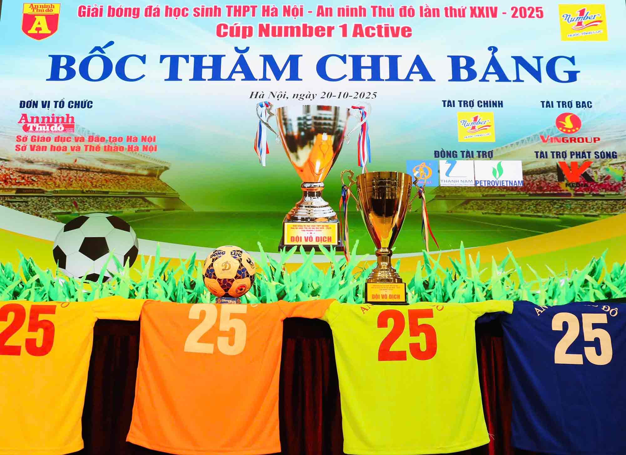 Hai chiec cup danh gia cua Giai bong da hoc sinh THPT Ha Noi lan thu XXIV – Cup Number 1 Active 2025, san sang cho don chu nhan moi. Anh: Tan Hiep Phat