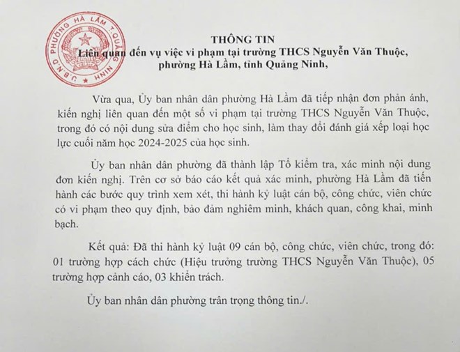 UBND phuong Ha Lam thong tin xu ly vu sua diem 