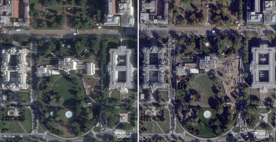 The East wing of the White House before (left) and after being demolished (right). Photo: planet Labs PBC