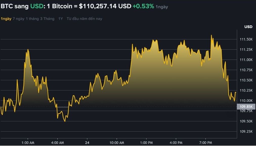Du lieu tren Binance - san giao dich tien ma hoa lon nhat the gioi - cho thay gia Bitcoin tiep tuc tang, giao dich quanh nguong 110.000 USD. Nguon: Binance.com